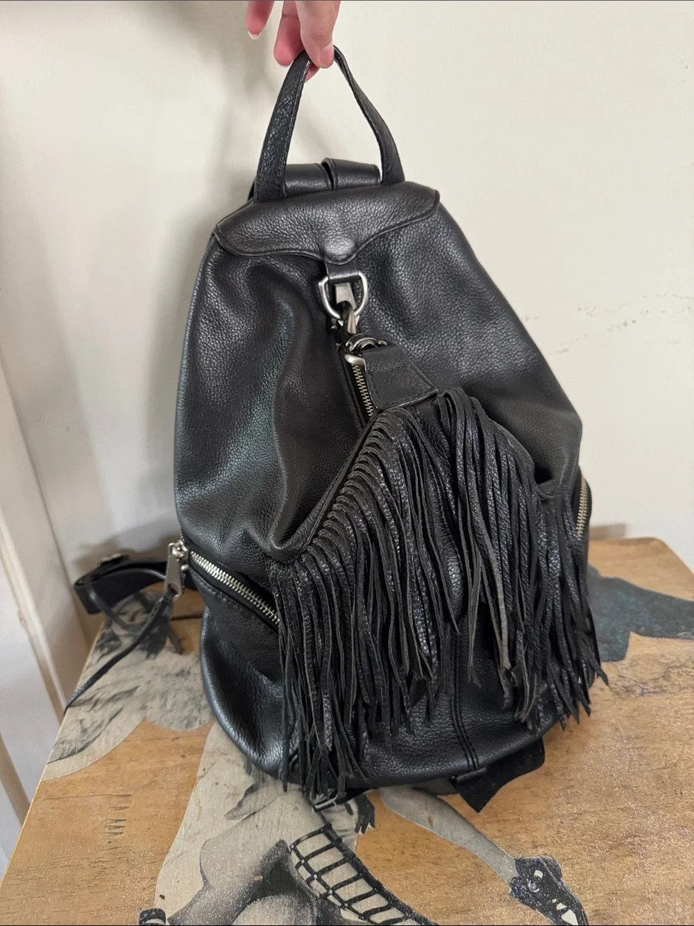 Rebecca Minkoff Black Leather Fringe Backpack - Women Bags